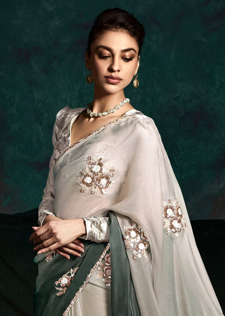 Shades Of Grey Tissue Saree with Dhaga,Thread & Sequin Embellishments - House of Sarvati LLC