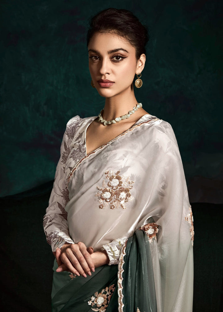 Shades Of Grey Tissue Saree with Dhaga,Thread & Sequin Embellishments - House of Sarvati LLC