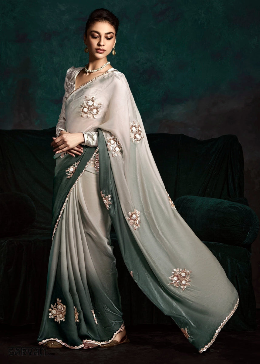 Shades Of Grey Tissue Saree with Dhaga,Thread & Sequin Embellishments - House of Sarvati LLC