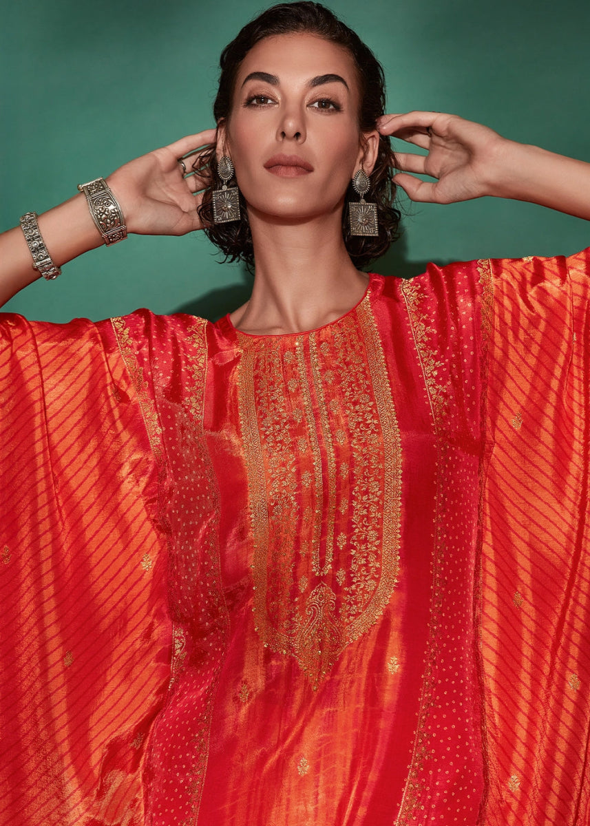 Shades Of Orange Printed Bandhani Viscose Silk Kaftan Set with Handcrafted Details - House of Sarvati LLC