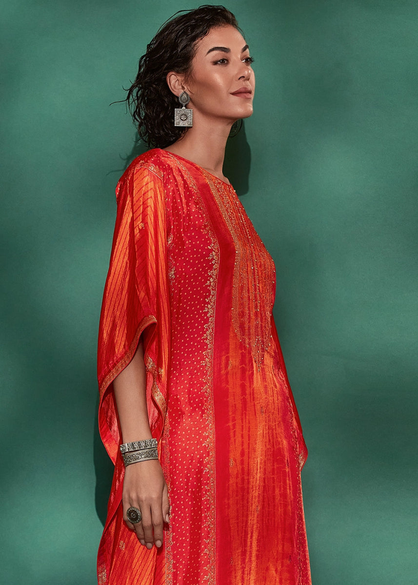 Shades Of Orange Printed Bandhani Viscose Silk Kaftan Set with Handcrafted Details - House of Sarvati LLC