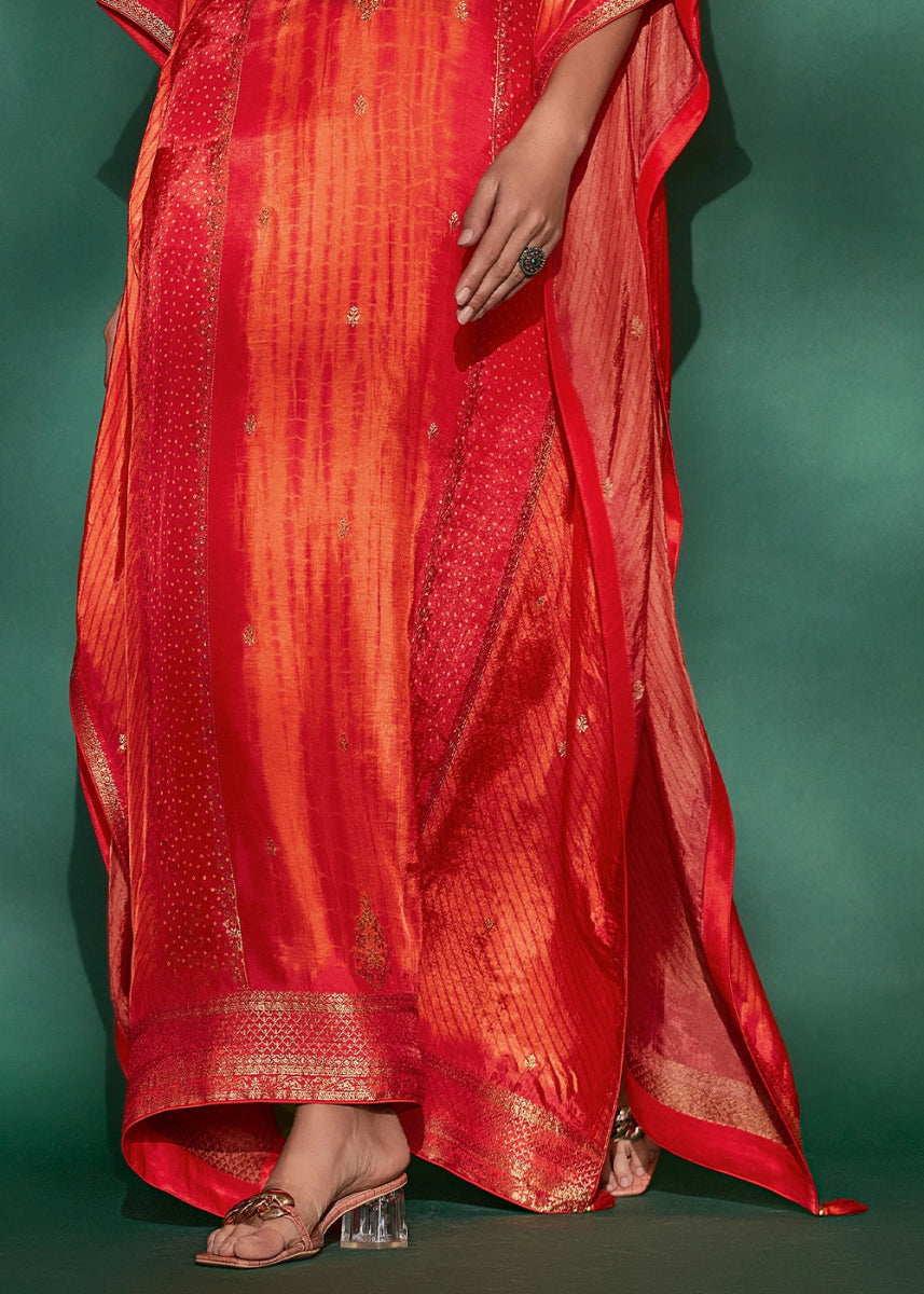 Shades Of Orange Printed Bandhani Viscose Silk Kaftan Set with Handcrafted Details - House of Sarvati LLC