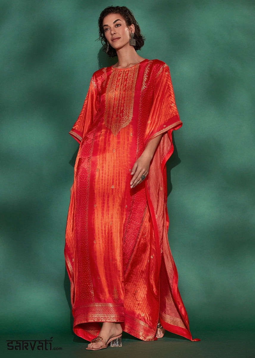 Shades Of Orange Printed Bandhani Viscose Silk Kaftan Set with Handcrafted Details - House of Sarvati LLC