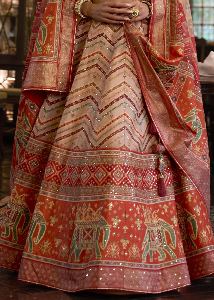 Shades Of Orange & Red Embellished Rajwadi Silk Lehenga Choli with Aari Mirror Work - House of Sarvati LLC
