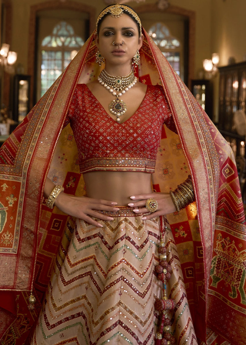 Shades Of Orange & Red Embellished Rajwadi Silk Lehenga Choli with Aari Mirror Work - House of Sarvati LLC