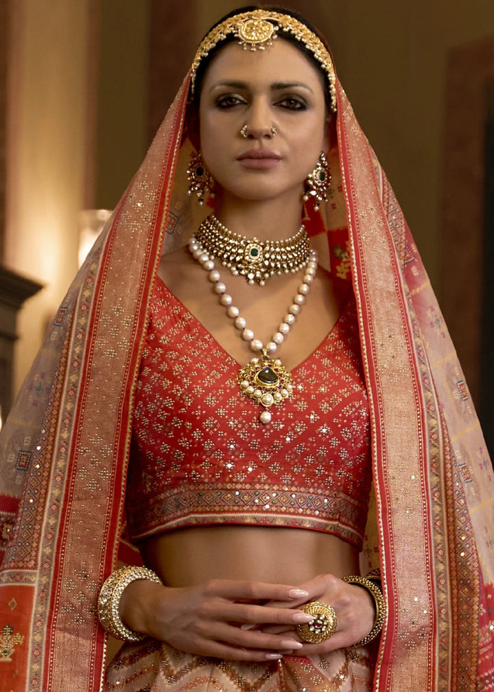 Shades Of Orange & Red Embellished Rajwadi Silk Lehenga Choli with Aari Mirror Work - House of Sarvati LLC