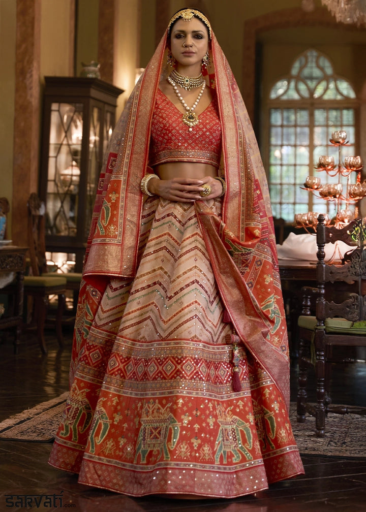 Shades Of Orange & Red Embellished Rajwadi Silk Lehenga Choli with Aari Mirror Work - House of Sarvati LLC