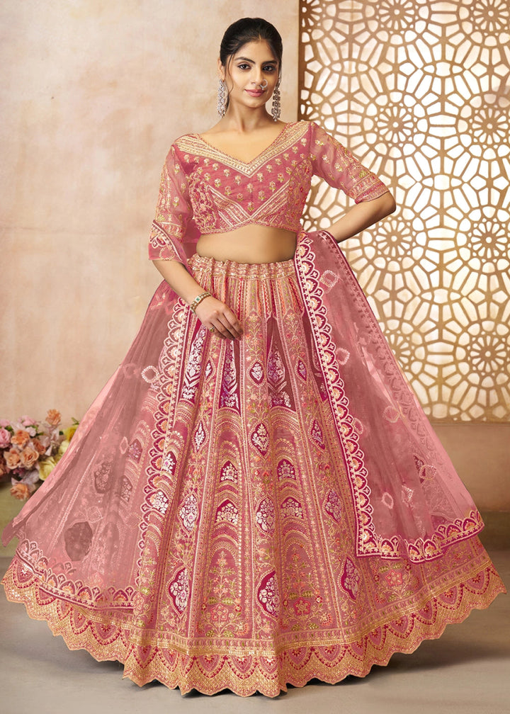 Shades Of Pink Banarasi Silk Lehenga Choli Embellished With Aari Work And Floral Detailing - House of Sarvati LLC