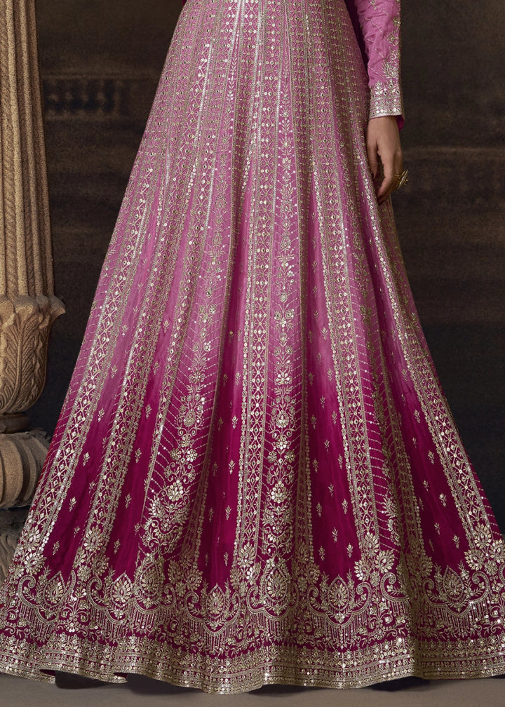 Shades Of Pink Chinon Silk Anarkali Gown With Exquisite Heavy Embroidery And Flowy Silhouette - House of Sarvati LLC