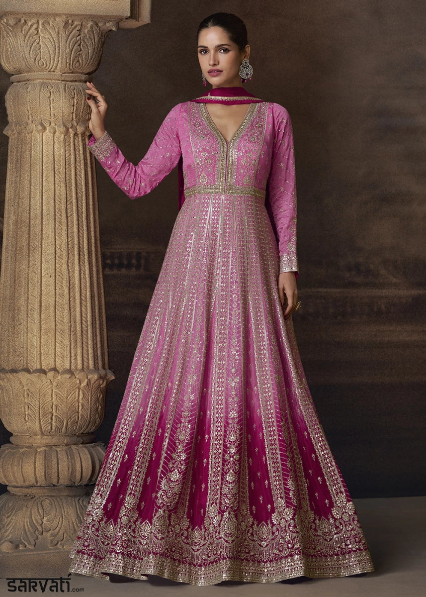 Shades Of Pink Chinon Silk Anarkali Gown With Exquisite Heavy Embroidery And Flowy Silhouette - House of Sarvati LLC