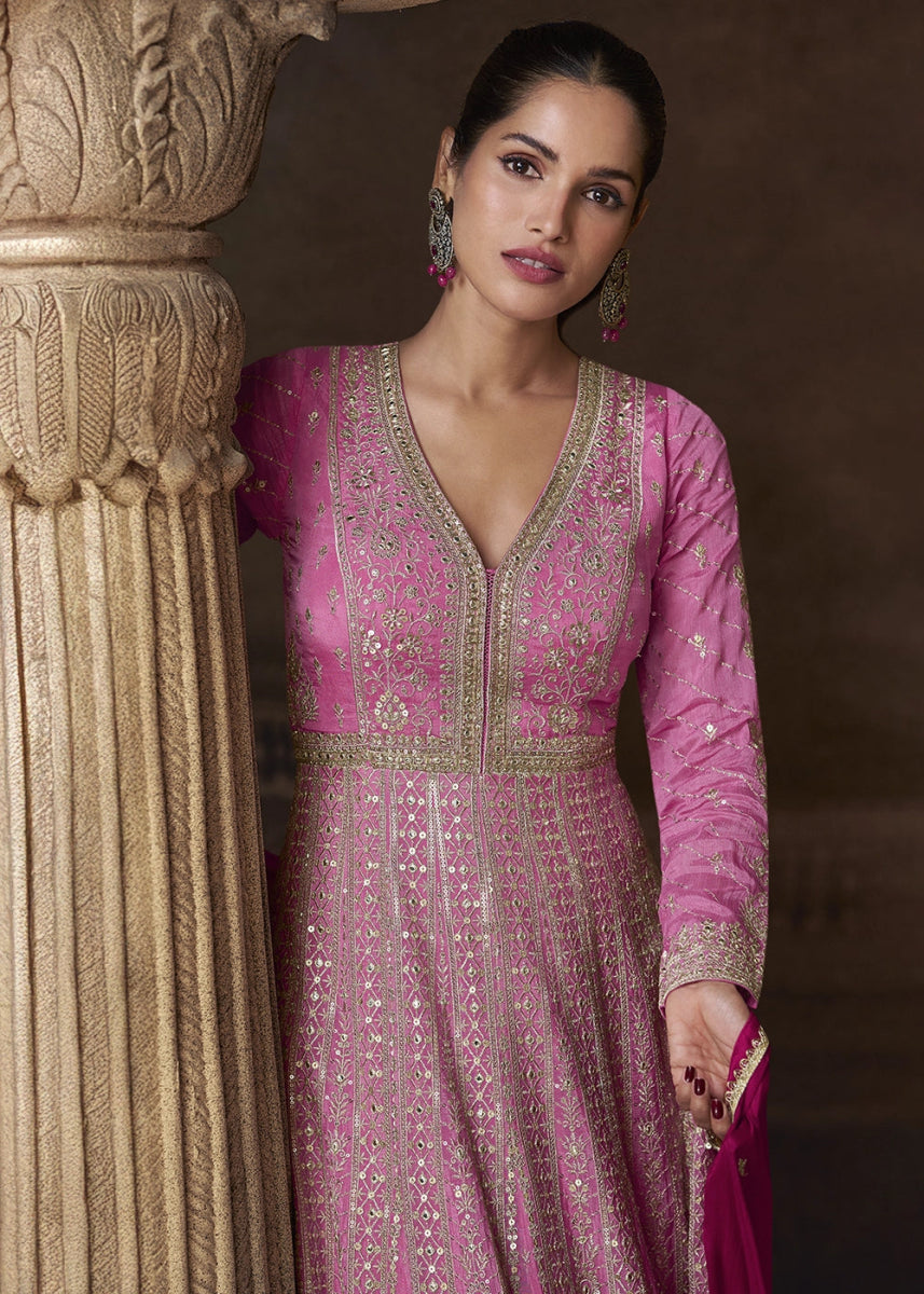 Shades Of Pink Chinon Silk Anarkali Gown With Exquisite Heavy Embroidery And Flowy Silhouette - House of Sarvati LLC