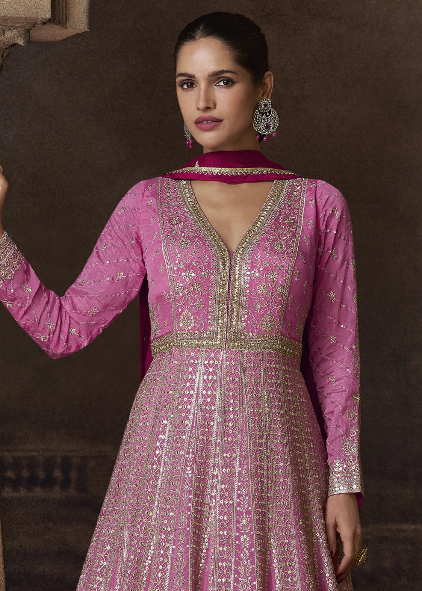 Shades Of Pink Chinon Silk Anarkali Gown With Exquisite Heavy Embroidery And Flowy Silhouette - House of Sarvati LLC