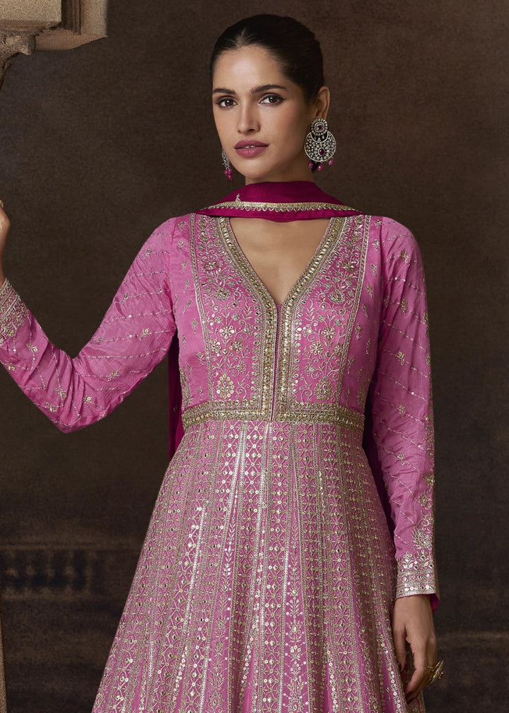 Shades Of Pink Chinon Silk Anarkali Gown With Exquisite Heavy Embroidery And Flowy Silhouette - House of Sarvati LLC