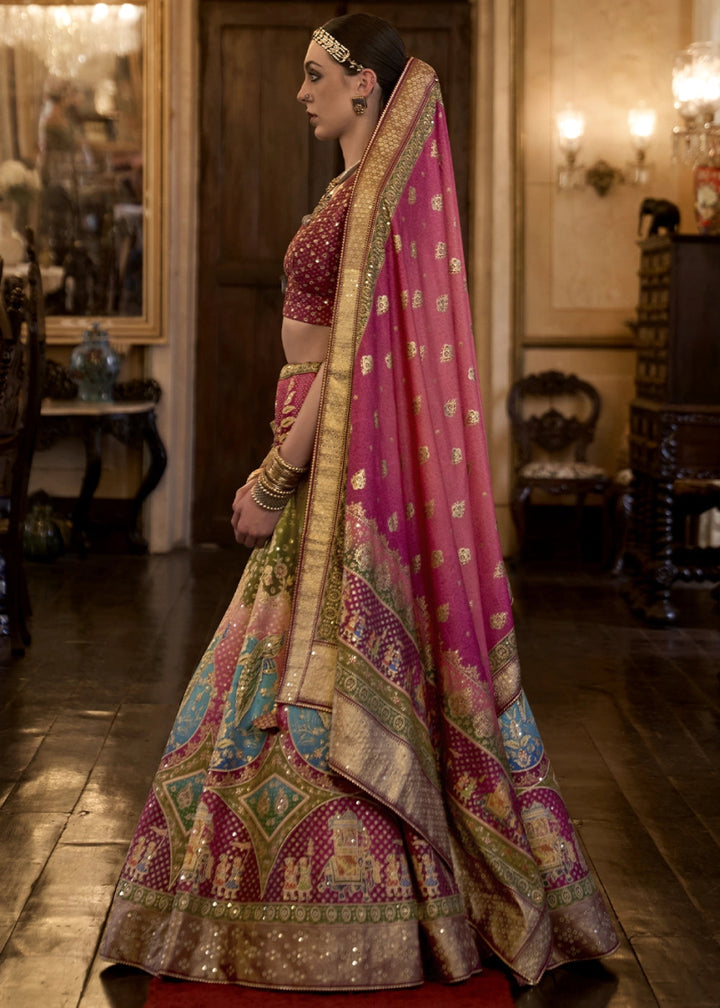Shades of Pink Embellished Rajwadi Silk Lehenga Choli with Aari Mirror Work - House of Sarvati LLC