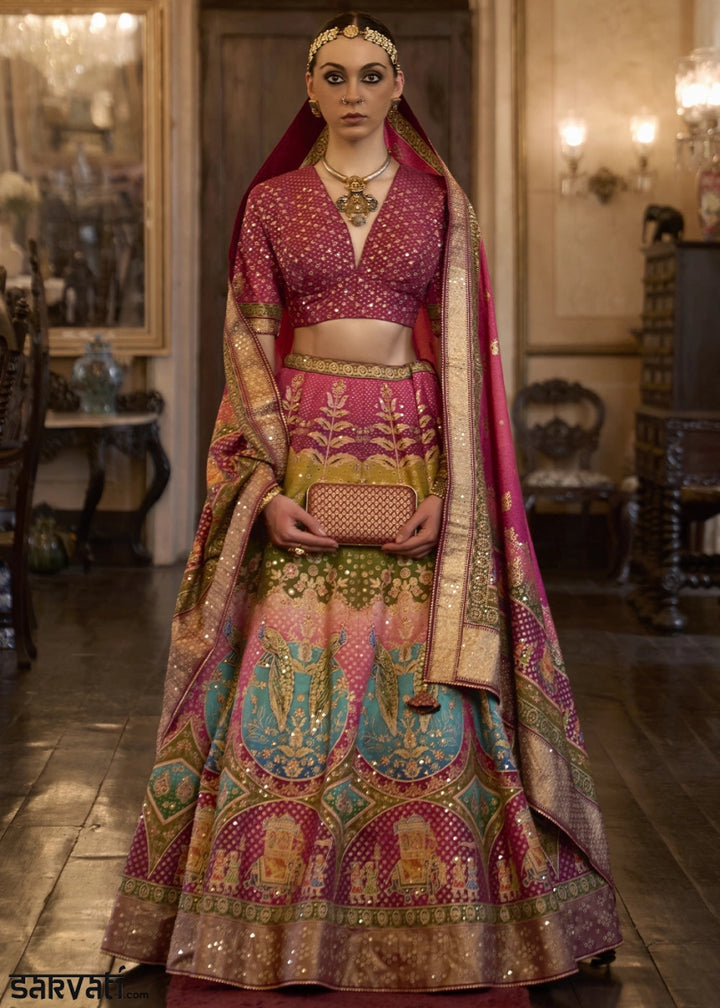 Shades of Pink Embellished Rajwadi Silk Lehenga Choli with Aari Mirror Work - House of Sarvati LLC