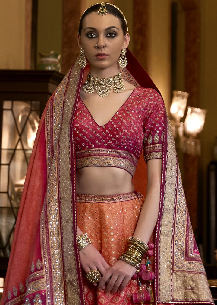 Shades Of Pink Embellished Rajwadi Silk Lehenga Choli with Aari Mirror Work - House of Sarvati LLC