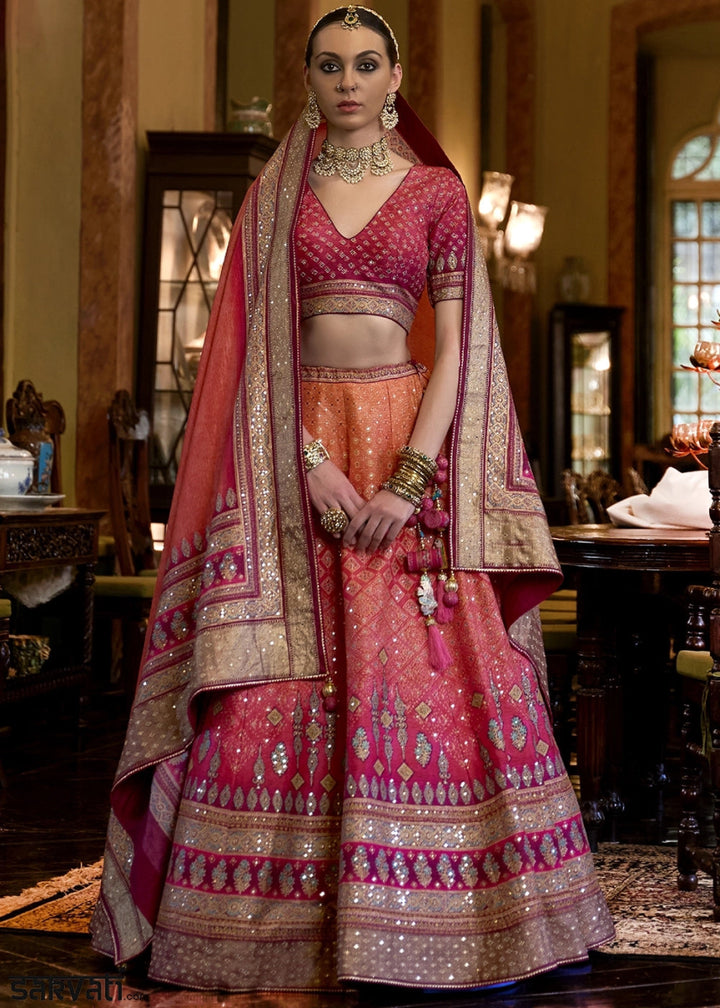 Shades Of Pink Embellished Rajwadi Silk Lehenga Choli with Aari Mirror Work - House of Sarvati LLC