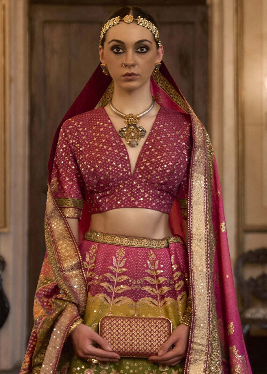 Shades of Pink Embellished Rajwadi Silk Lehenga Choli with Aari Mirror Work - House of Sarvati LLC