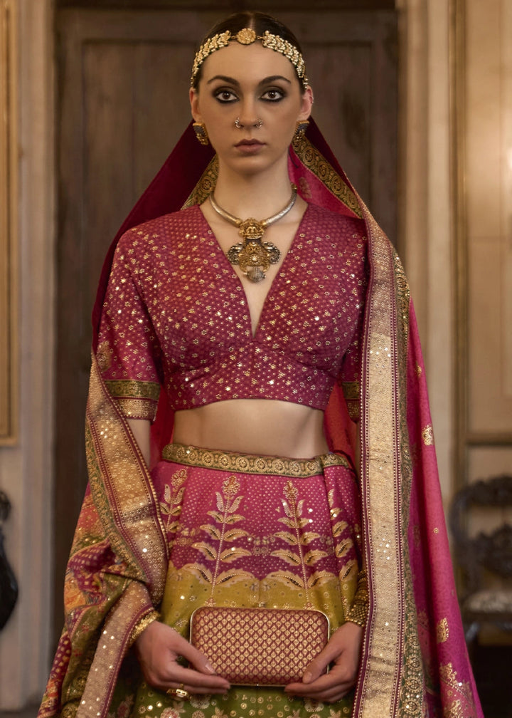Shades of Pink Embellished Rajwadi Silk Lehenga Choli with Aari Mirror Work - House of Sarvati LLC