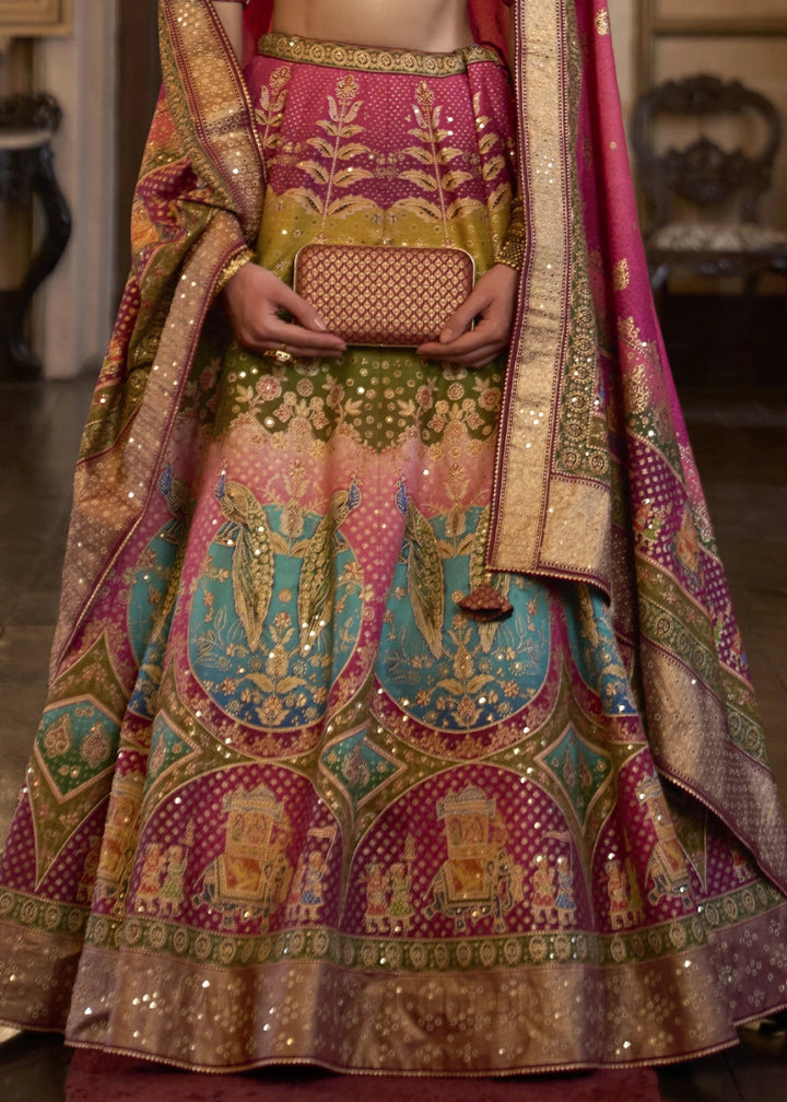 Shades of Pink Embellished Rajwadi Silk Lehenga Choli with Aari Mirror Work - House of Sarvati LLC