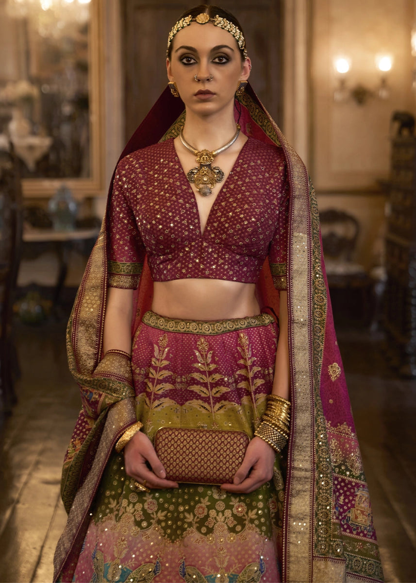 Shades of Pink Embellished Rajwadi Silk Lehenga Choli with Aari Mirror Work - House of Sarvati LLC