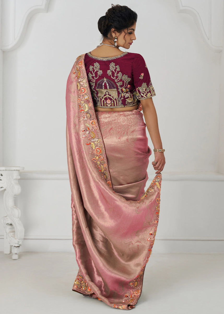 Shades Of Pink Embroidered Viscose Dola Silk Saree With Sequin And Multi Thread Accents - House of Sarvati LLC