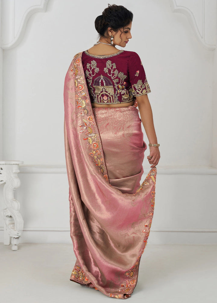 Shades Of Pink Embroidered Viscose Dola Silk Saree With Sequin And Multi Thread Accents - House of Sarvati LLC