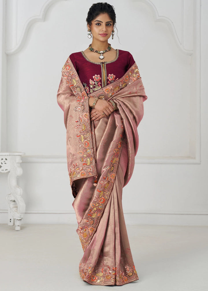 Shades Of Pink Embroidered Viscose Dola Silk Saree With Sequin And Multi Thread Accents - House of Sarvati LLC
