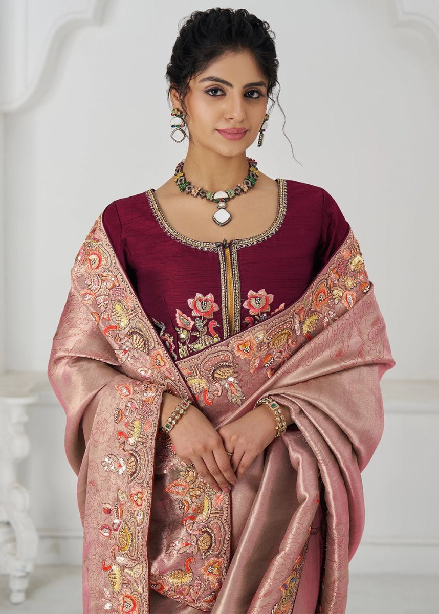 Shades Of Pink Embroidered Viscose Dola Silk Saree With Sequin And Multi Thread Accents - House of Sarvati LLC