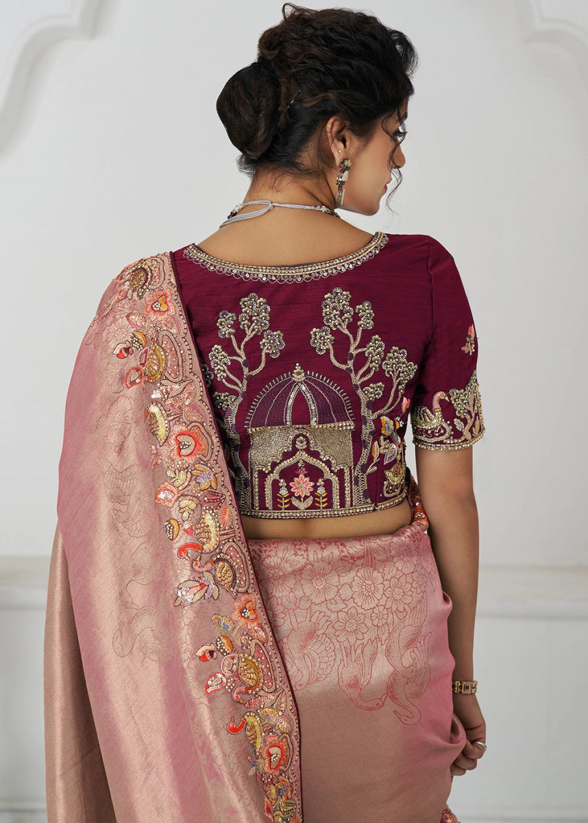 Shades Of Pink Embroidered Viscose Dola Silk Saree With Sequin And Multi Thread Accents - House of Sarvati LLC