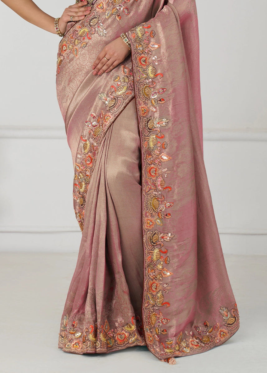 Shades Of Pink Embroidered Viscose Dola Silk Saree With Sequin And Multi Thread Accents - House of Sarvati LLC