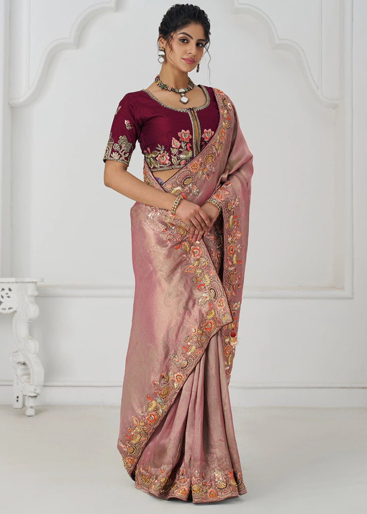 Shades Of Pink Embroidered Viscose Dola Silk Saree With Sequin And Multi Thread Accents - House of Sarvati LLC