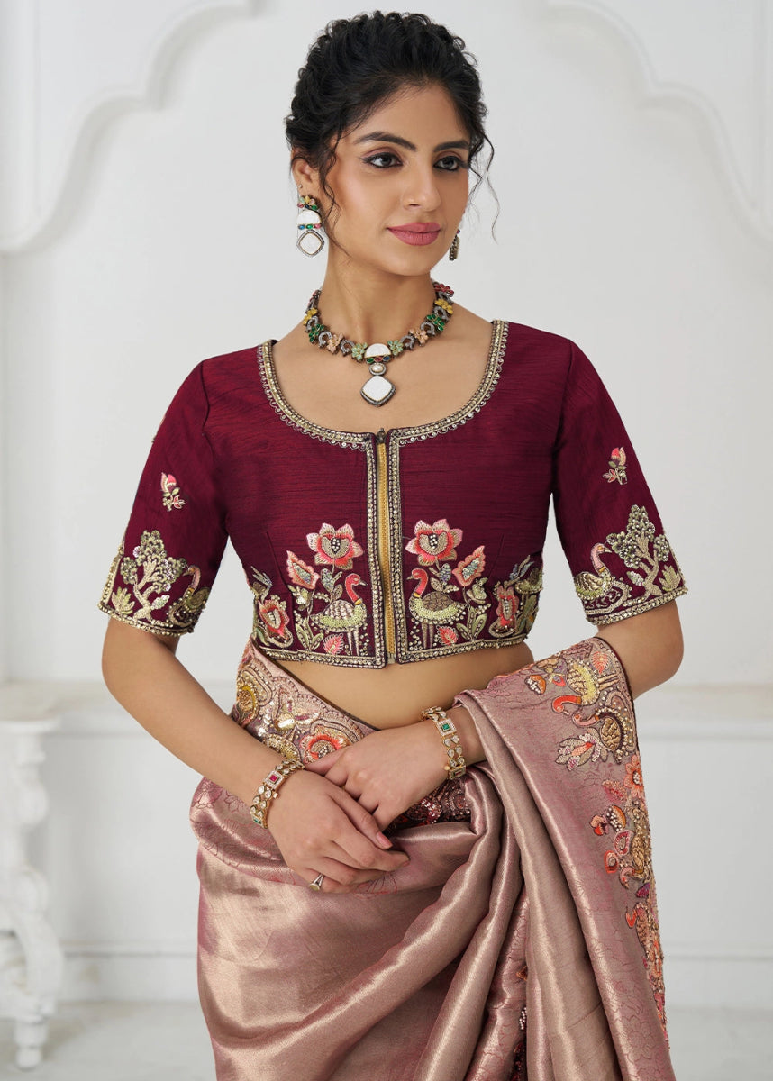 Shades Of Pink Embroidered Viscose Dola Silk Saree With Sequin And Multi Thread Accents - House of Sarvati LLC