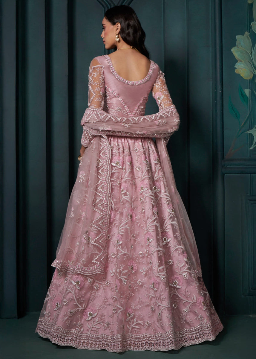Shades Of Pink Lehenga Choli in Net with Detailed Thread, Sequins & cording Embroidery - House of Sarvati LLC