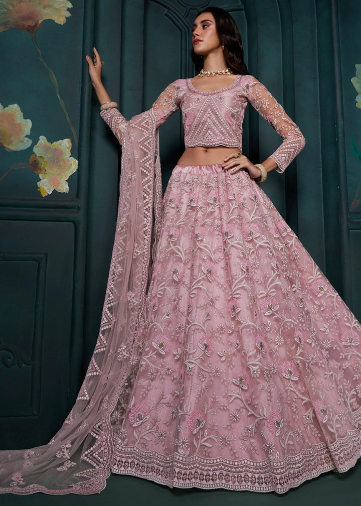 Shades Of Pink Lehenga Choli in Net with Detailed Thread, Sequins & cording Embroidery - House of Sarvati LLC