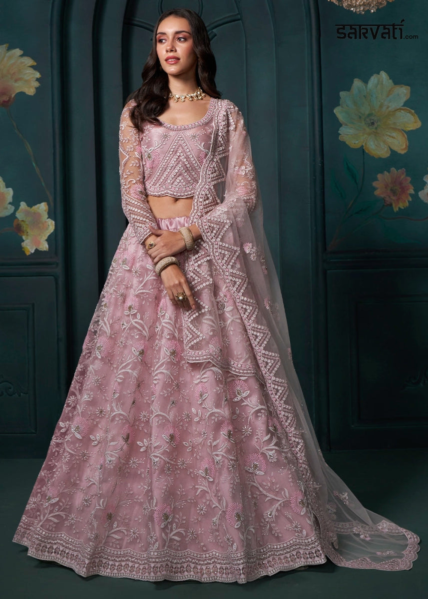 Shades Of Pink Lehenga Choli in Net with Detailed Thread, Sequins & cording Embroidery - House of Sarvati LLC