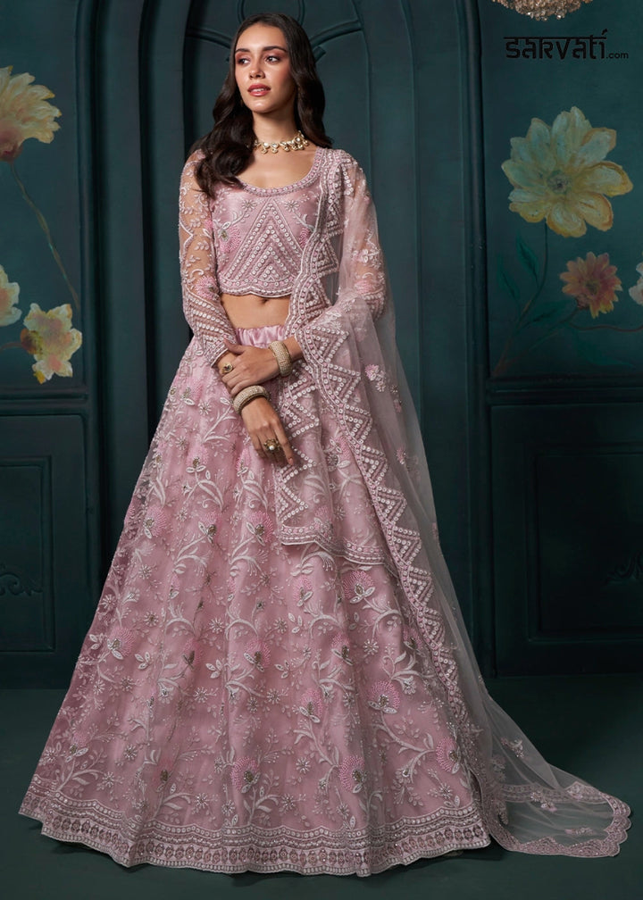 Shades Of Pink Lehenga Choli in Net with Detailed Thread, Sequins & cording Embroidery - House of Sarvati LLC