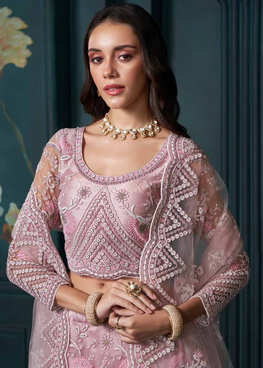 Shades Of Pink Lehenga Choli in Net with Detailed Thread, Sequins & cording Embroidery - House of Sarvati LLC