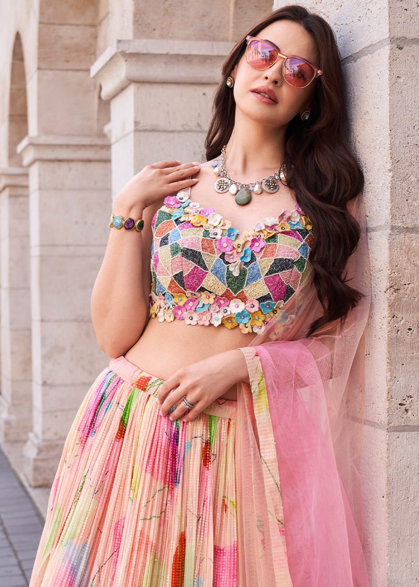 Shades of Pink Lehenga in Chinon Silk with Embroidered Blouse - House of Sarvati LLC