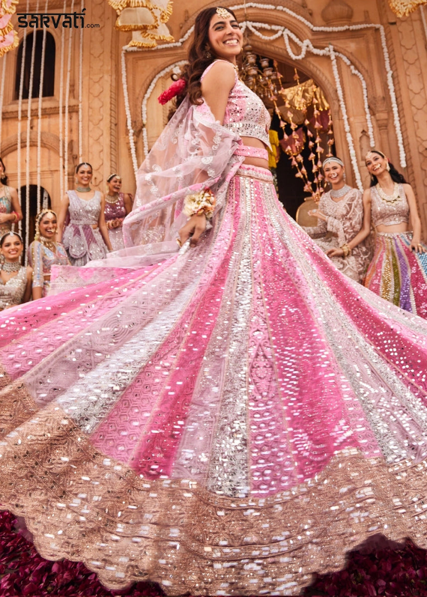 Shades Of Pink Net Lehenga Choli with Embroidery and Sparkling Sequins Work - House of Sarvati LLC