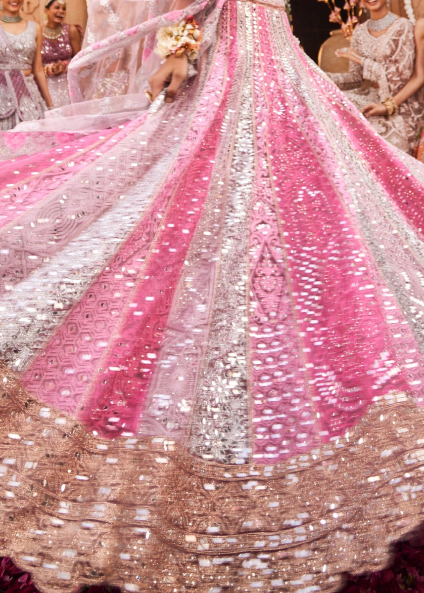 Shades Of Pink Net Lehenga Choli with Embroidery and Sparkling Sequins Work - House of Sarvati LLC