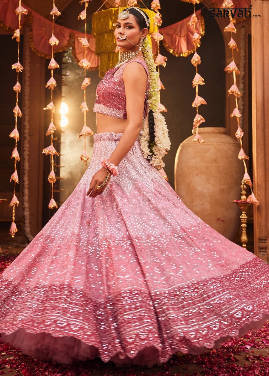 Shades Of Pink Net Lehenga Choli with Embroidery and Sparkling Sequins Work - House of Sarvati LLC