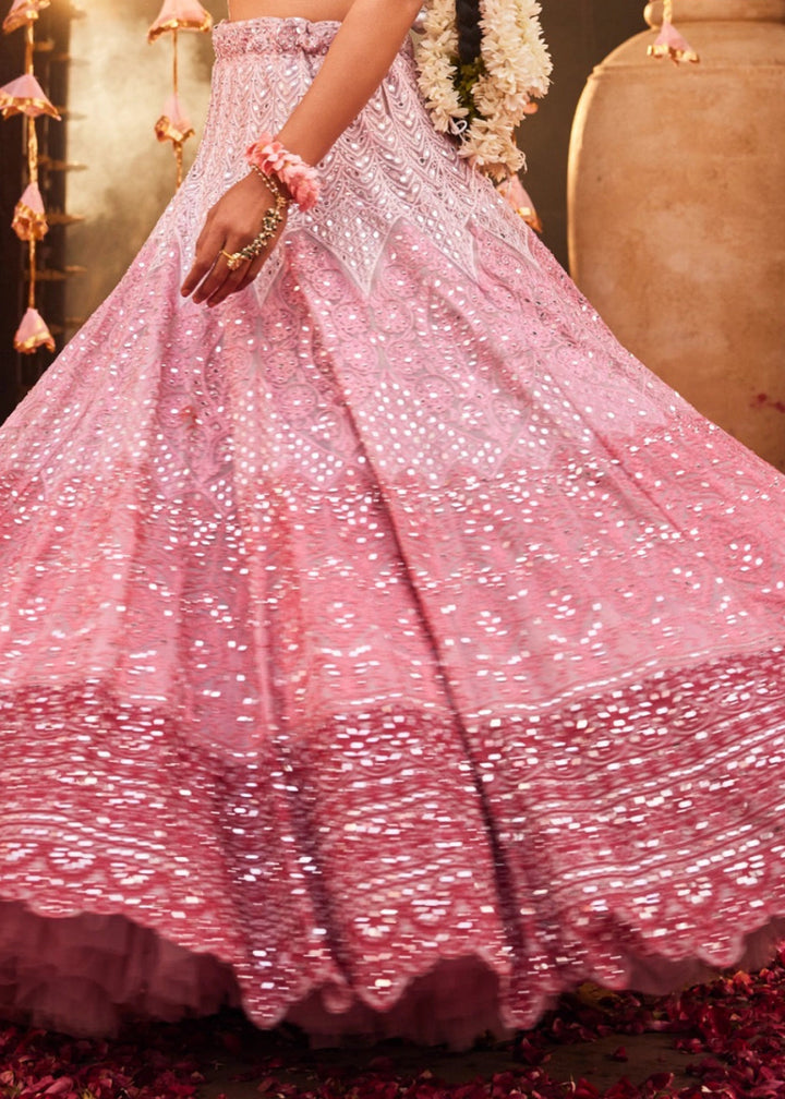 Shades Of Pink Net Lehenga Choli with Embroidery and Sparkling Sequins Work - House of Sarvati LLC