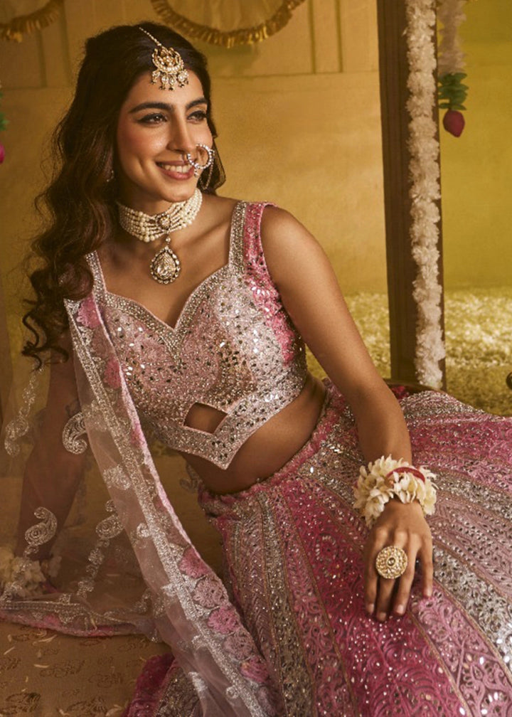 Shades Of Pink Net Lehenga Choli with Embroidery and Sparkling Sequins Work - House of Sarvati LLC