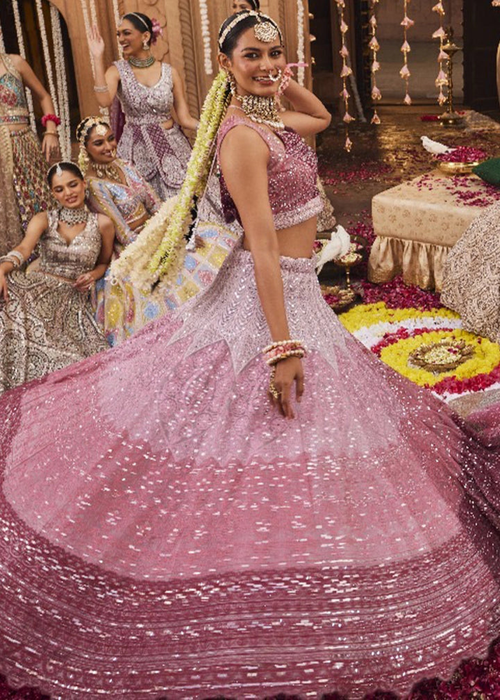 Shades Of Pink Net Lehenga Choli with Embroidery and Sparkling Sequins Work - House of Sarvati LLC