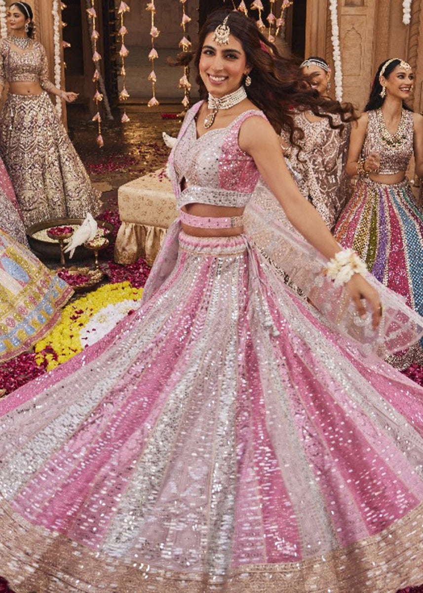 Shades Of Pink Net Lehenga Choli with Embroidery and Sparkling Sequins Work - House of Sarvati LLC