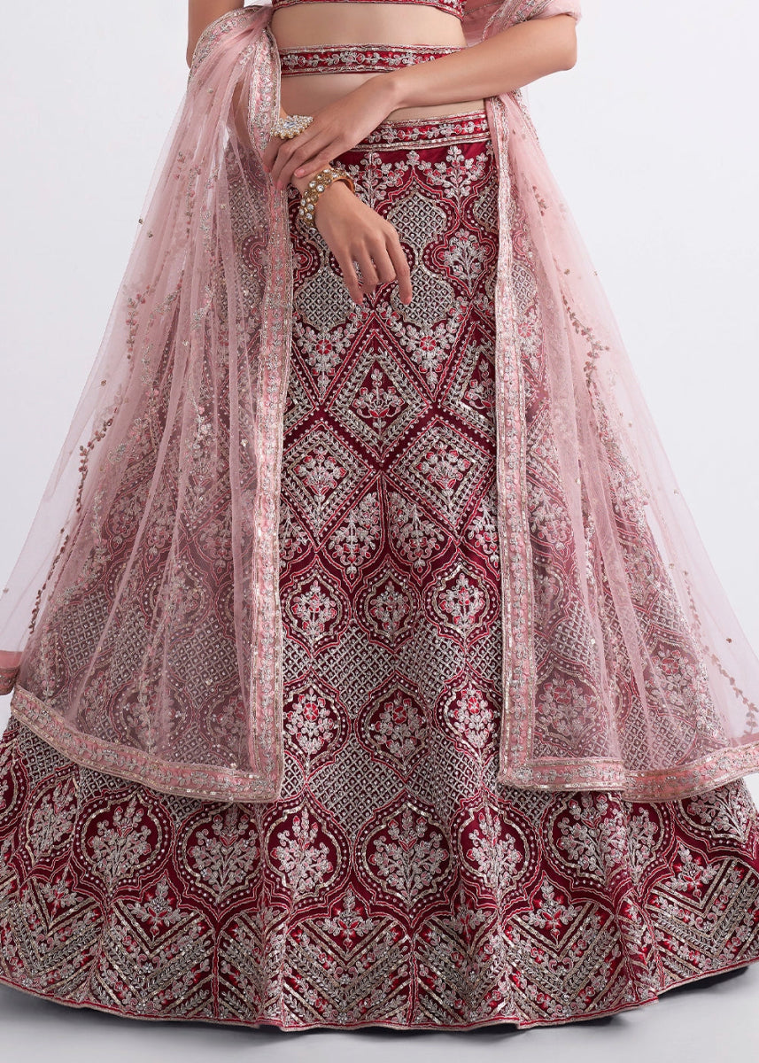 Shades Of Pink Net Lehenga Choli with Handcrafted Cording, Thread, and Stone Work - House of Sarvati LLC