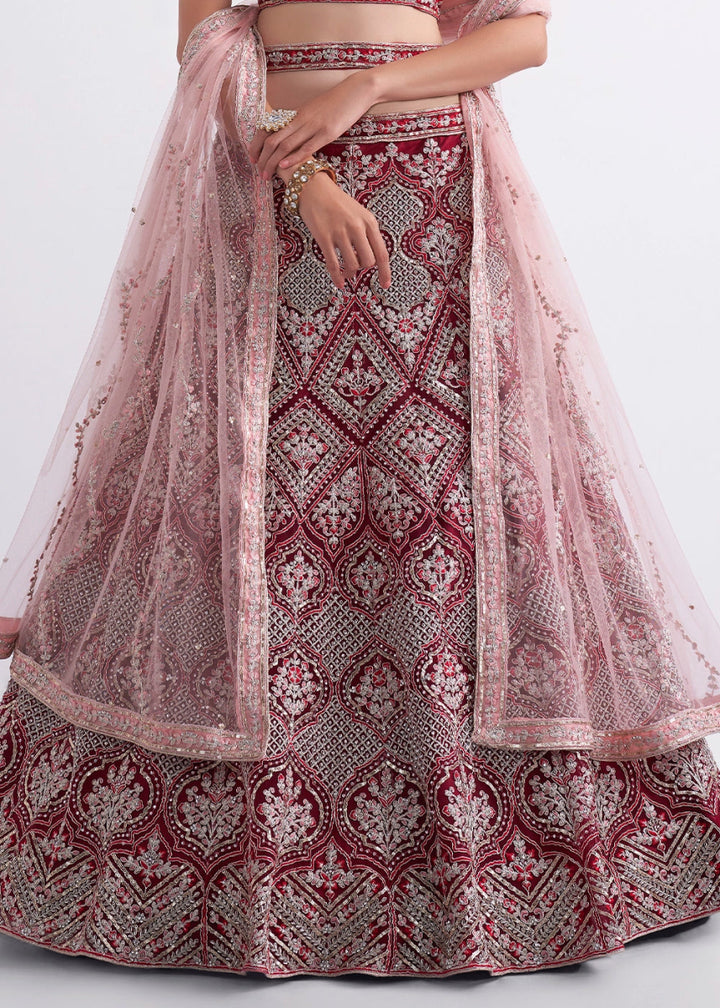 Shades Of Pink Net Lehenga Choli with Handcrafted Cording, Thread, and Stone Work - House of Sarvati LLC