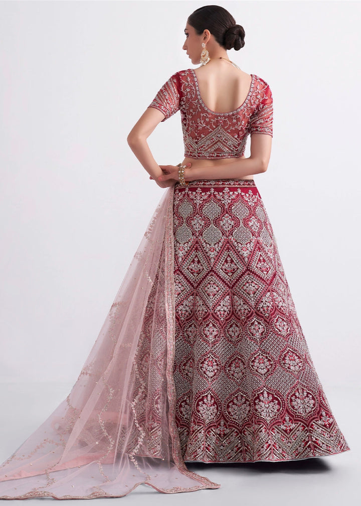 Shades Of Pink Net Lehenga Choli with Handcrafted Cording, Thread, and Stone Work - House of Sarvati LLC