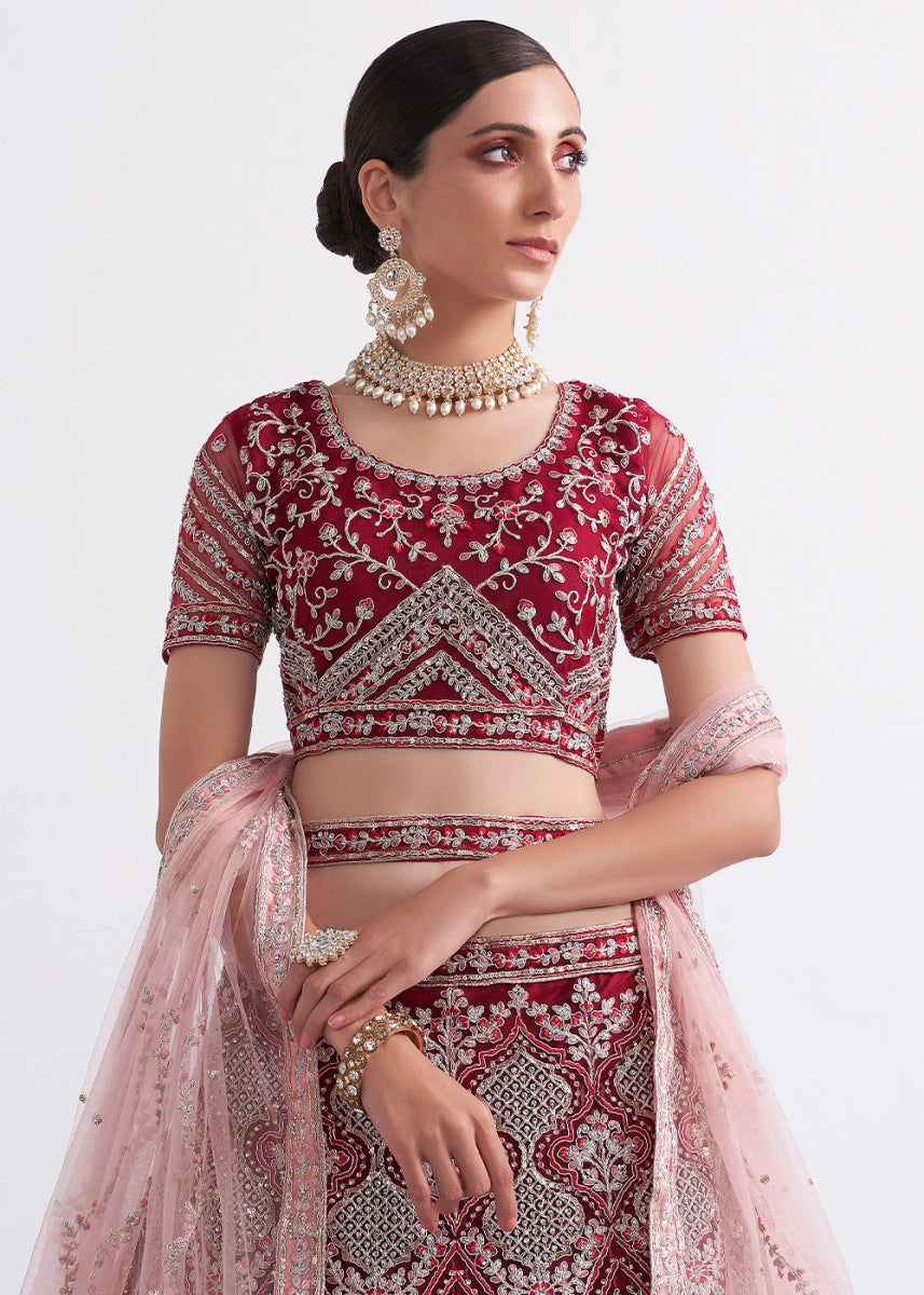 Shades Of Pink Net Lehenga Choli with Handcrafted Cording, Thread, and Stone Work - House of Sarvati LLC